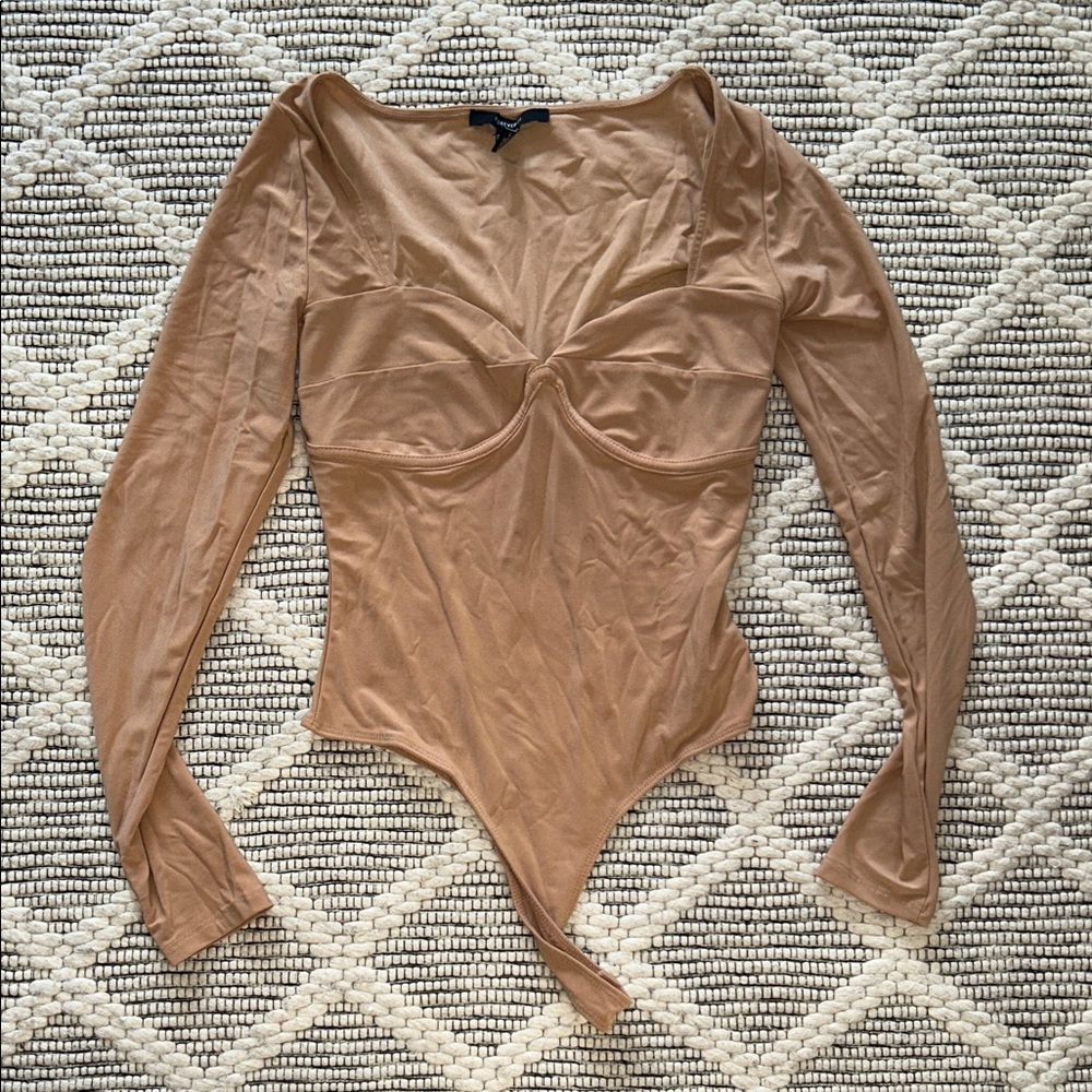 Forever 21 Nude Tan Long Sleeve Open Chest Thong Bodysuit size Medium